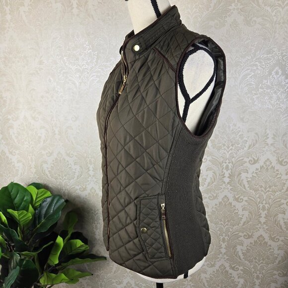 Active USA Size Medium Olive Green Quilted Zip Front Vest Brown Trim Pockets - Picture 6 of 13